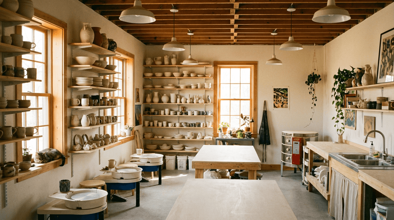 Atelier de poterie avec étagères remplies de créations
