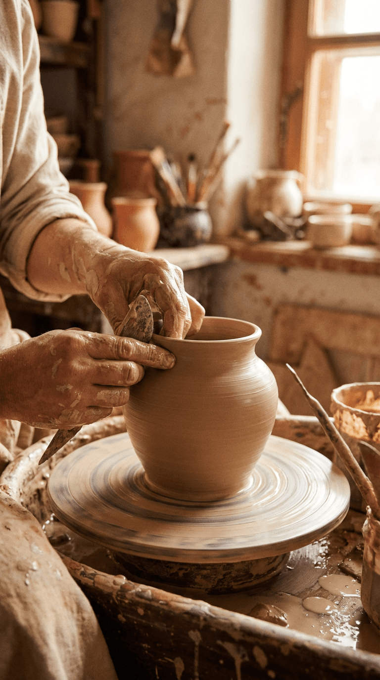 Mains d'artisan travaillant l'argile sur un tour